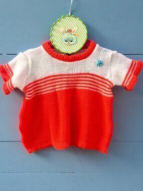 Vintage Baby Girl Sweater Handmade Orange White Striped Knit Floral Top